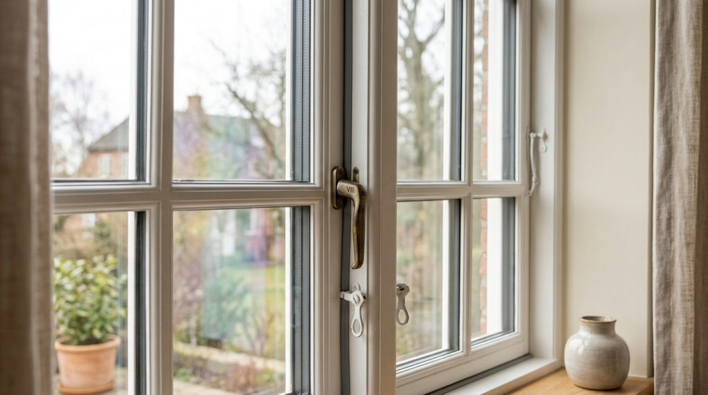 Close-up detail shot of a traditional Danish window with cla