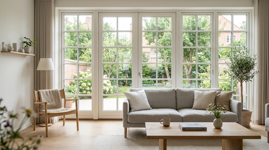 Bright Scandinavian living room interior with floor-to-ceili