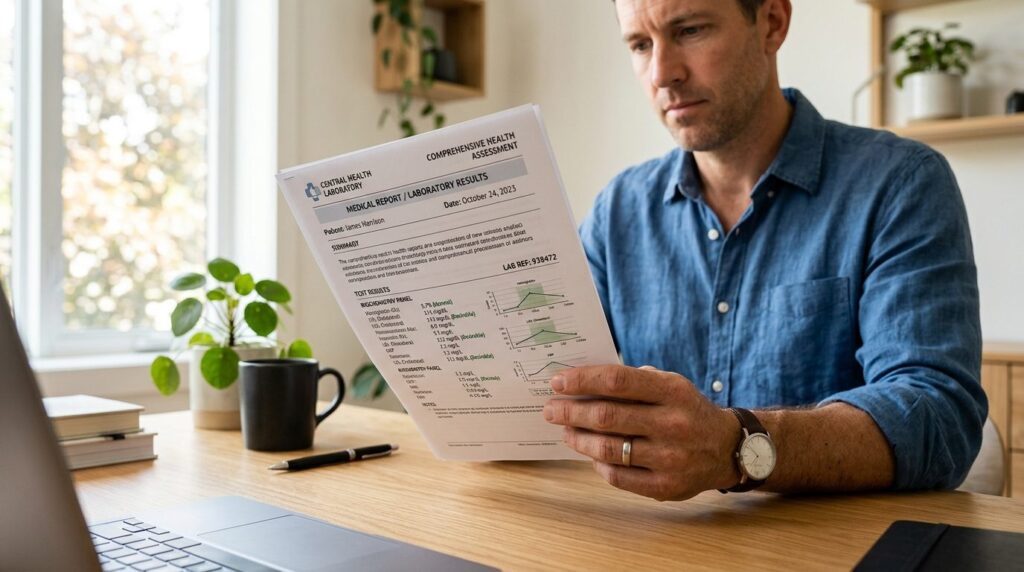 Close-up of a mans hand holding a medical report or test re