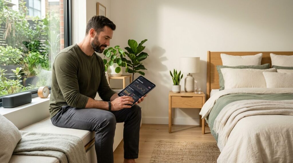Modern bedroom scene with a wellness-focused man in the back