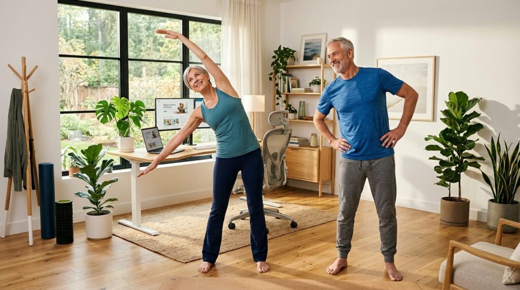 Active mature couple in a bright, ergonomically designed hom