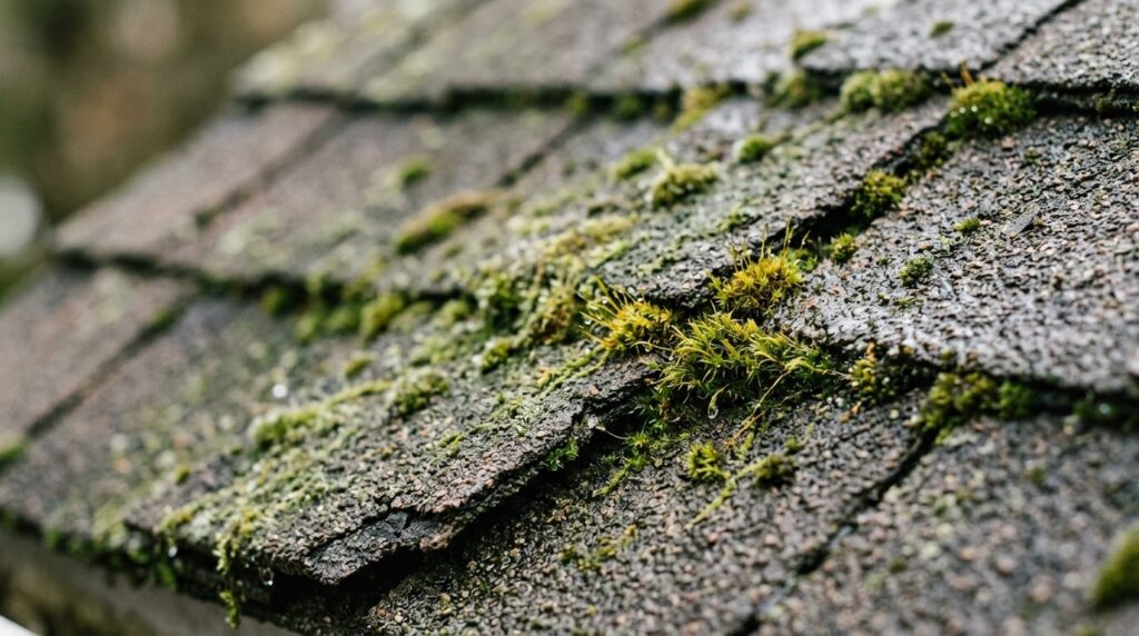 Close-up photorealistic detail shot of roof shingles with vi