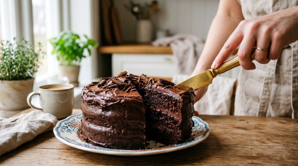 Close-up detail shot of a decadent chocolate layer cake with