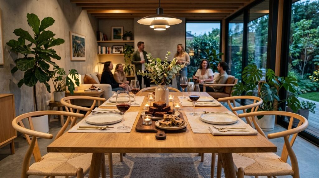 Wide angle shot of a modern minimalist dining table set for 