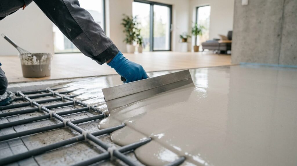 Close-up detail shot of self-leveling floor screed being app