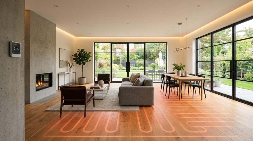 Wide shot of a completed modern residential interior with ra