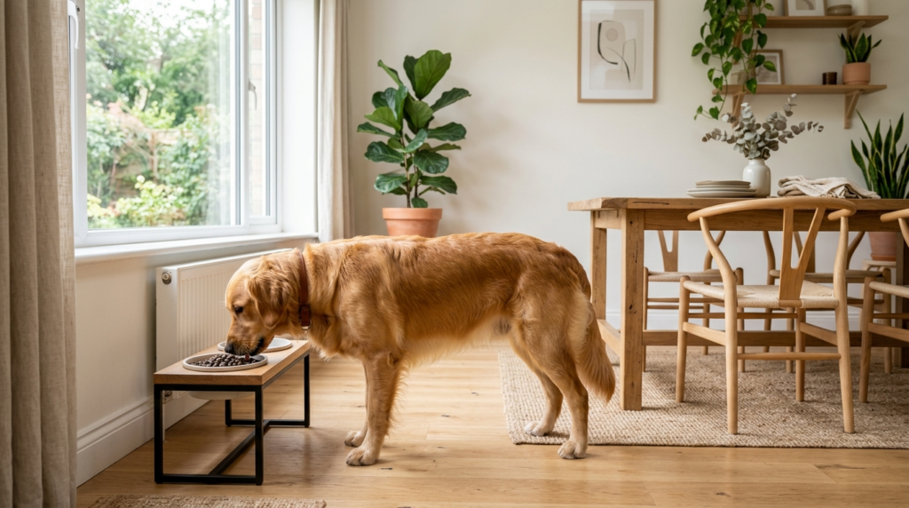 Contemporary home interior scene showing a healthy dog with 