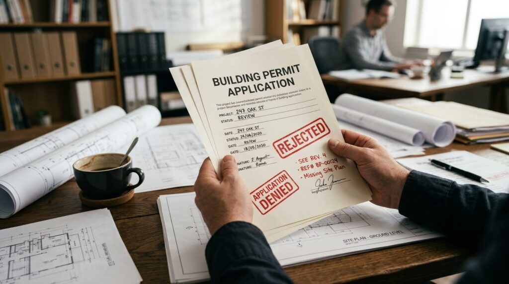 Close-up of hands holding rejected building permit documents
