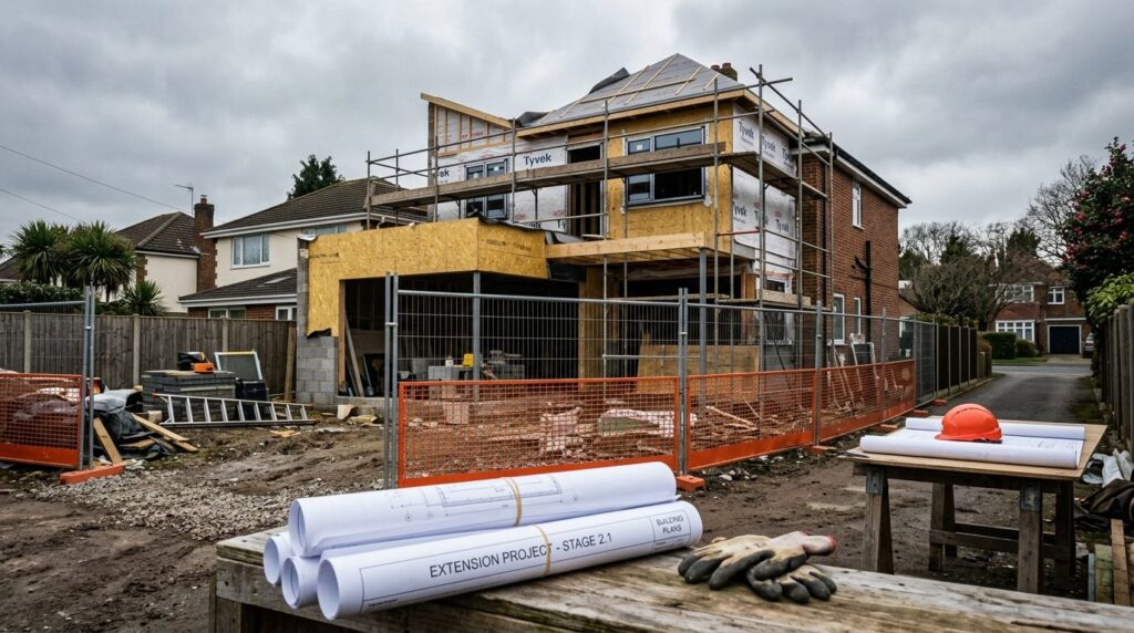 Modern residential extension or renovation project on hold, 