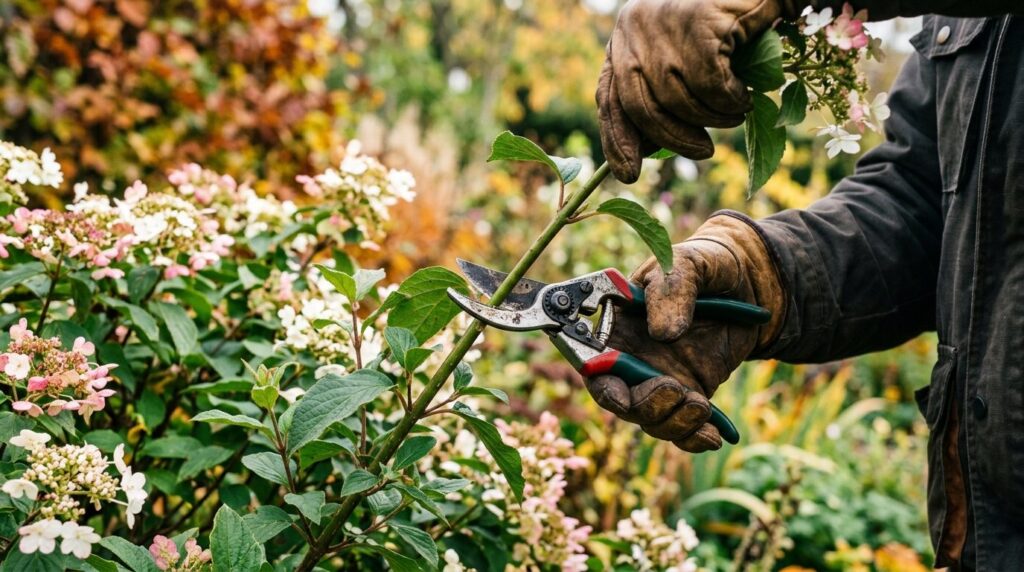 Close-up of sharp pruning shears cutting fresh green branche