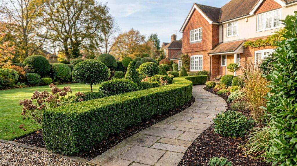 Neat row of freshly trimmed hedges and shaped bushes in resi