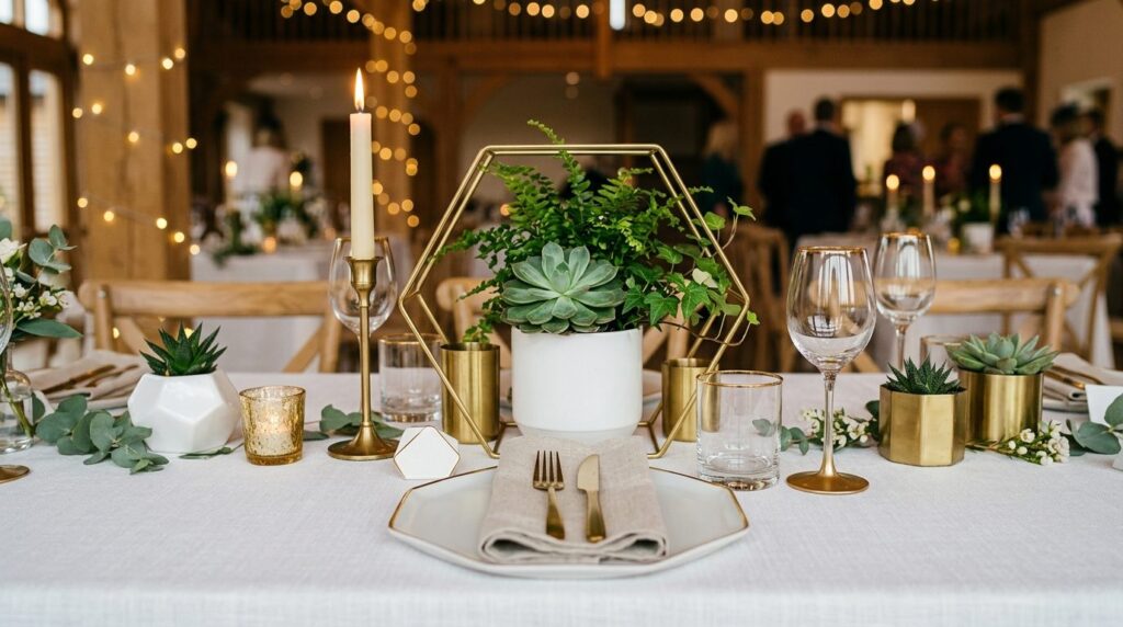 Close-up of sophisticated table decoration with modern minim