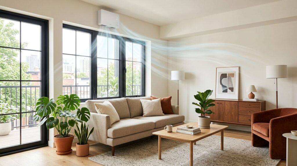 Bright, airy modern apartment living room with clean air flo