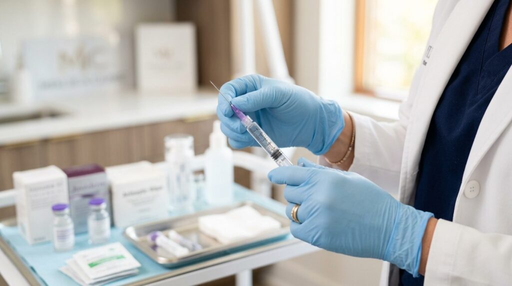 Close-up of aesthetic practitioners hands holding dermal fi