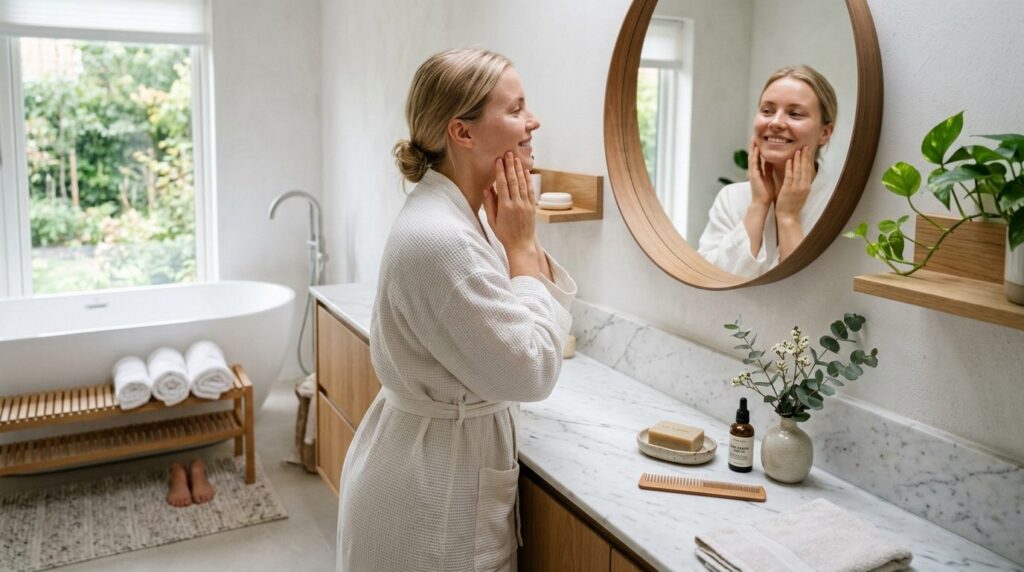Woman looking at her face in mirror after beauty treatment,