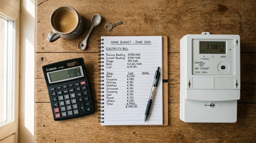 Detailed overhead shot of a calculator, notebook with cost c