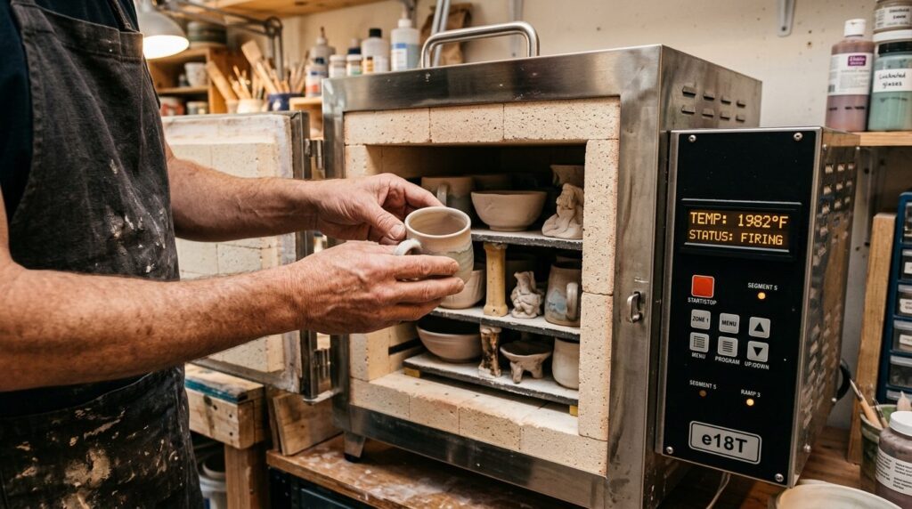 Close-up of hands carefully loading ceramic pottery into a s
