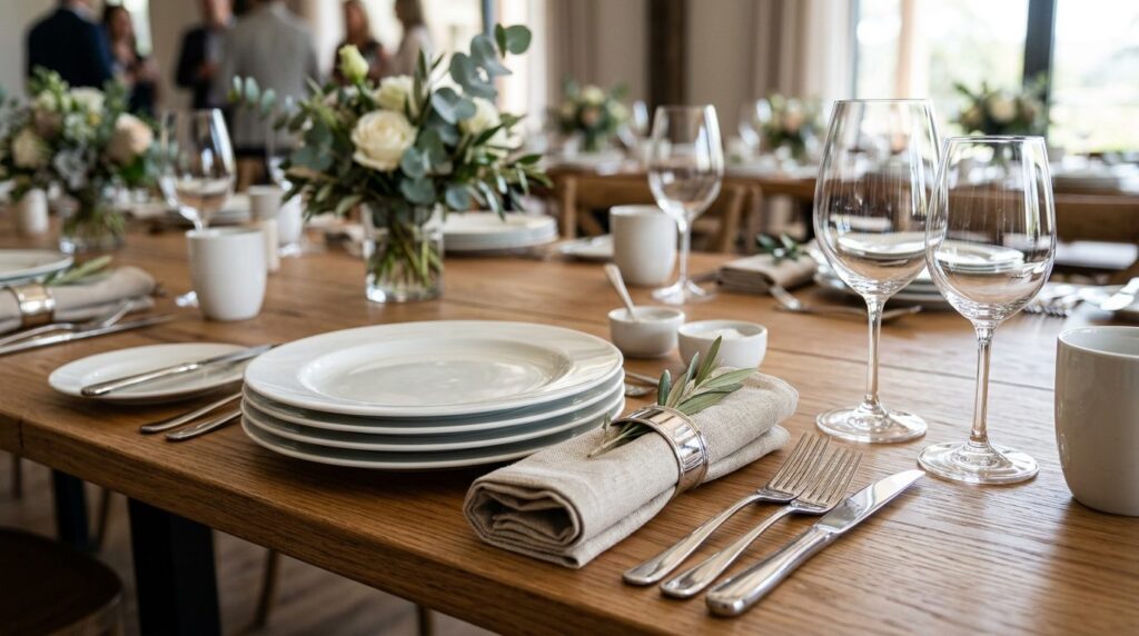 Close-up detail shot of premium rental tableware including s