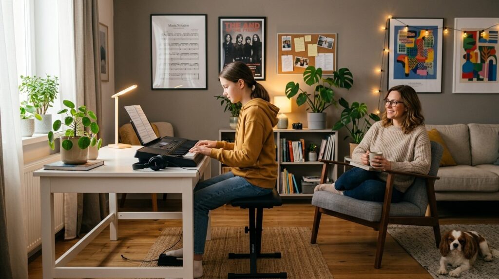 Warm family scene in a cozy home living room where a young t