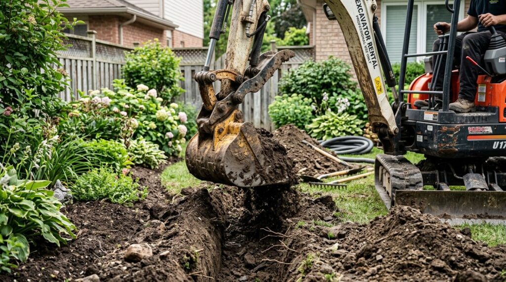 Close-up stockphoto of mini excavator bucket digging drainag