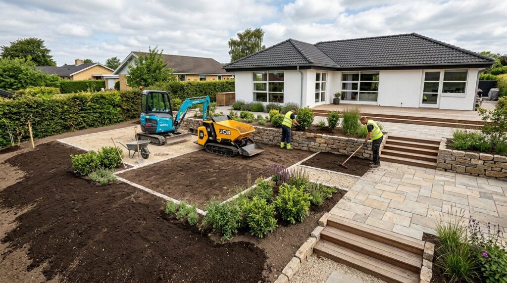 Wide angle stockphoto of completed garden transformation pro