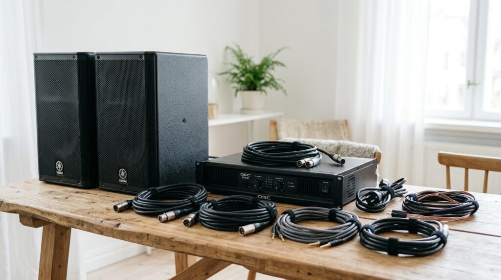 Close-up detail shot of rental audio equipment including pro