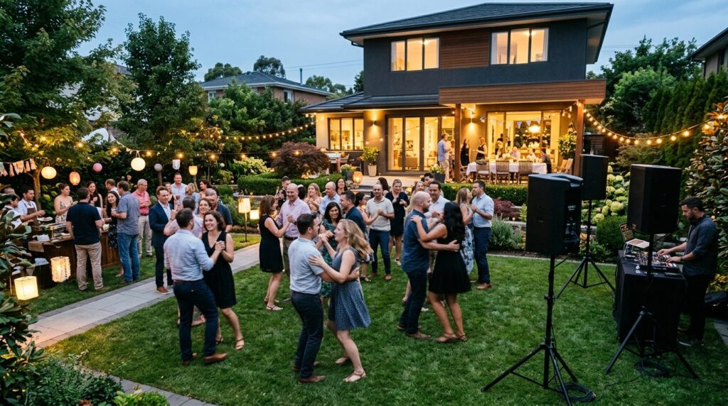 Wide shot of an outdoor garden party with rented portable so