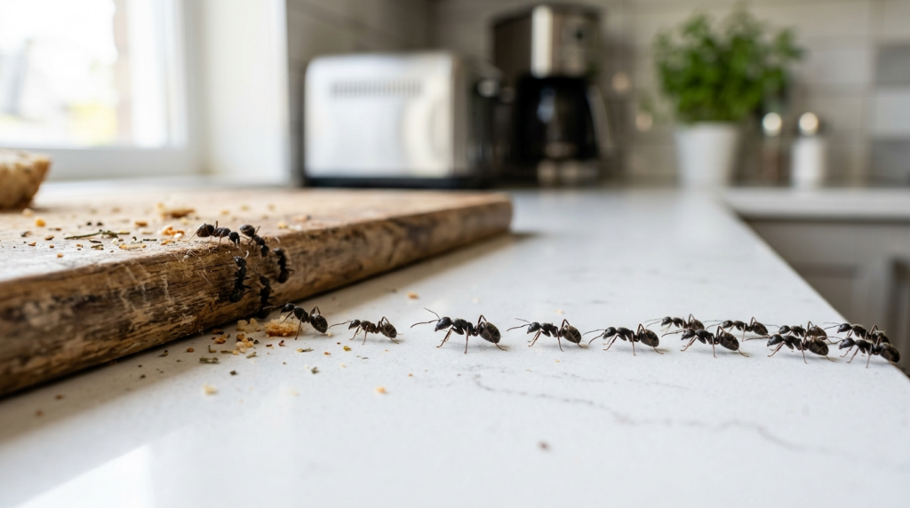 Close-up macro photograph of a line of ants marching across 