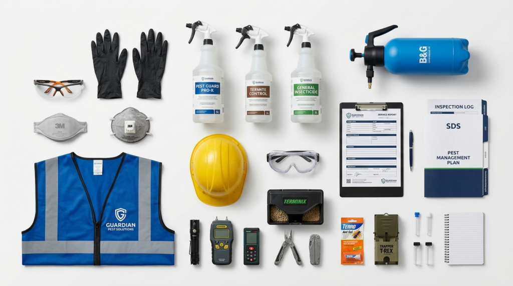 Professional pest control service equipment laid out on whit