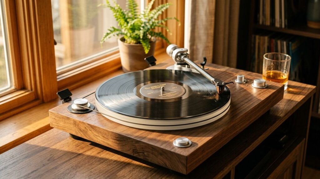 Close-up detail shot of a luxury vinyl turntable with warm g