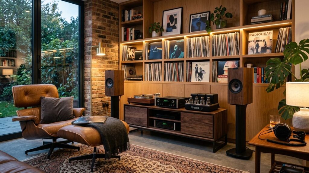 Wide-angle shot of a sophisticated home listening corner fea