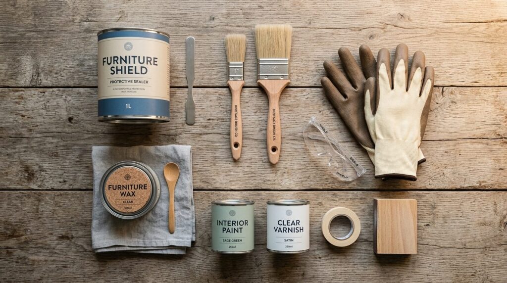 Flat lay overhead shot of furniture protection products arra