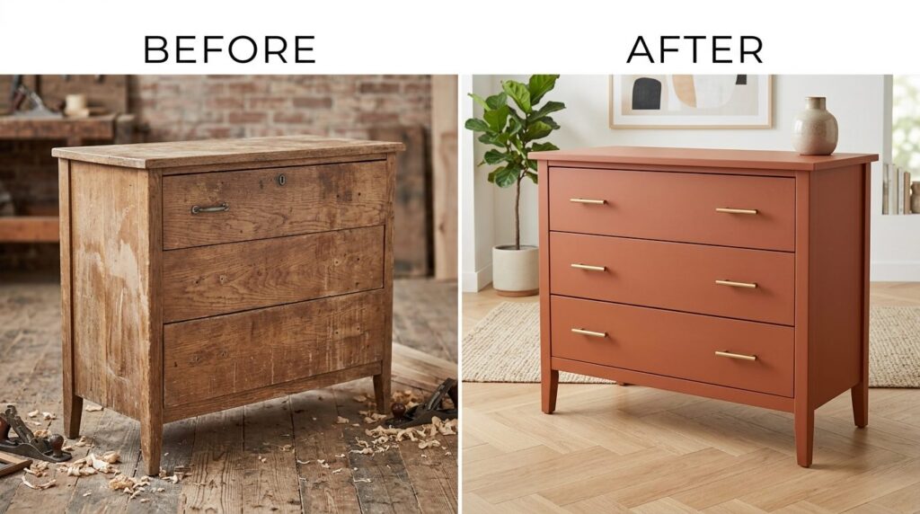 Before-and-after split-screen composition: left side shows u