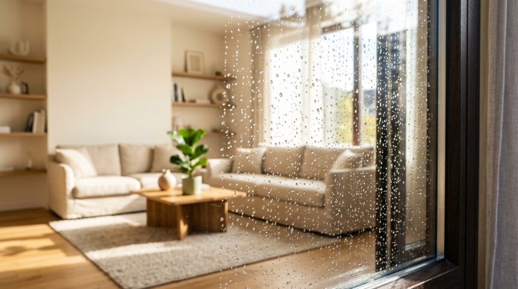 Close-up of sparkling clean window glass with water droplets