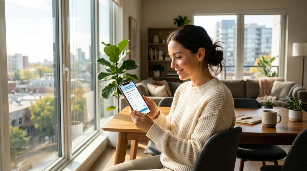 Homeowner using smartphone to book window cleaning service, 