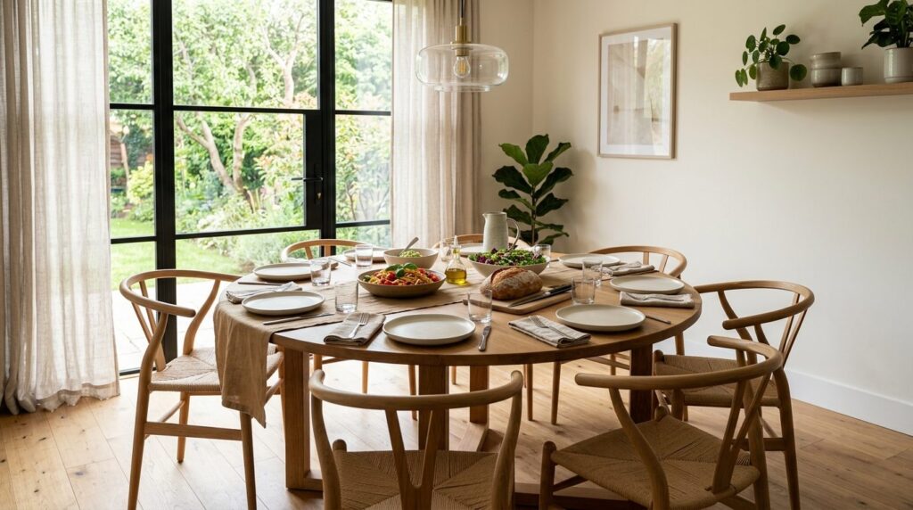 Photorealistic professional interior photograph of a bright,