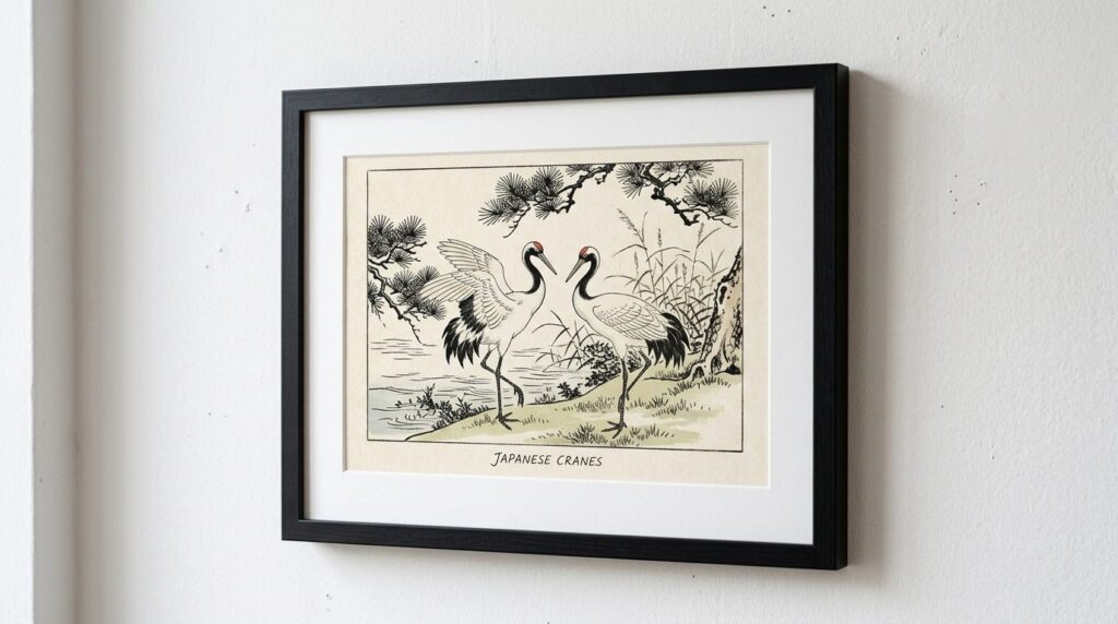 Close-up detail of a framed Japanese crane and nature art pr