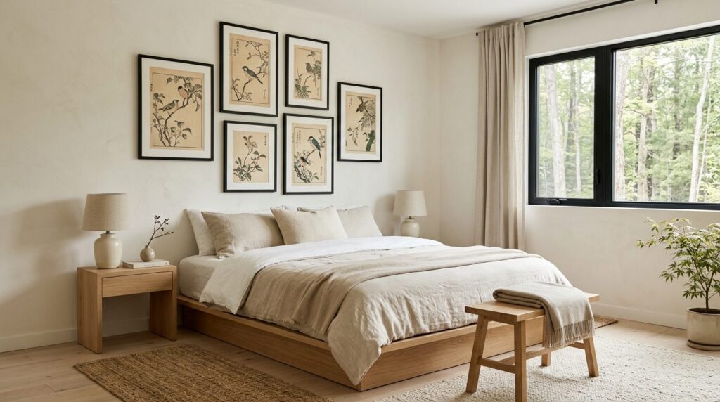 Serene Scandinavian bedroom with Japanese bird art prints ga
