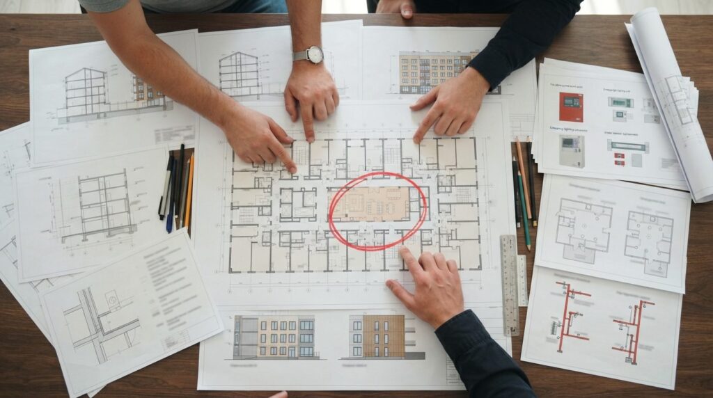 Realistic overhead view of hands pointing to a floor plan of