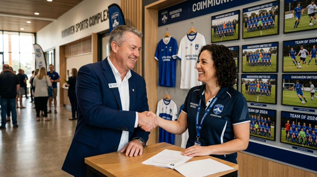 Photorealistic image of a local business owner and sports cl