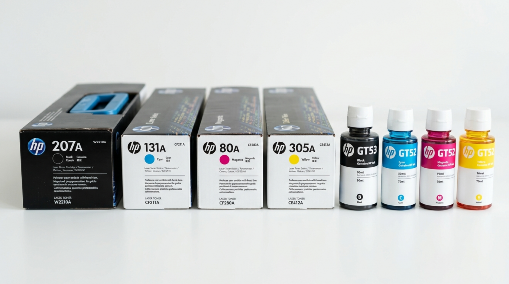 Close-up detail shot of various HP printer toner cartridges 