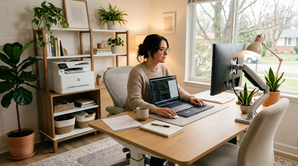 Modern hybrid home office setup with woman working at ergono