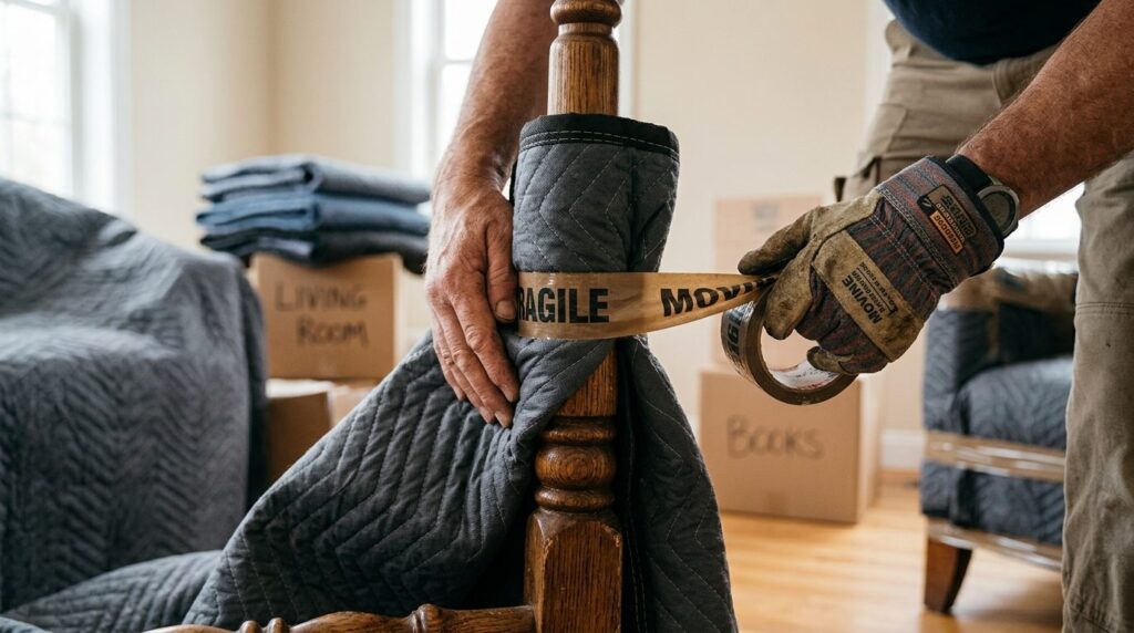 Close-up detail shot of hands wrapping a wooden chair leg wi