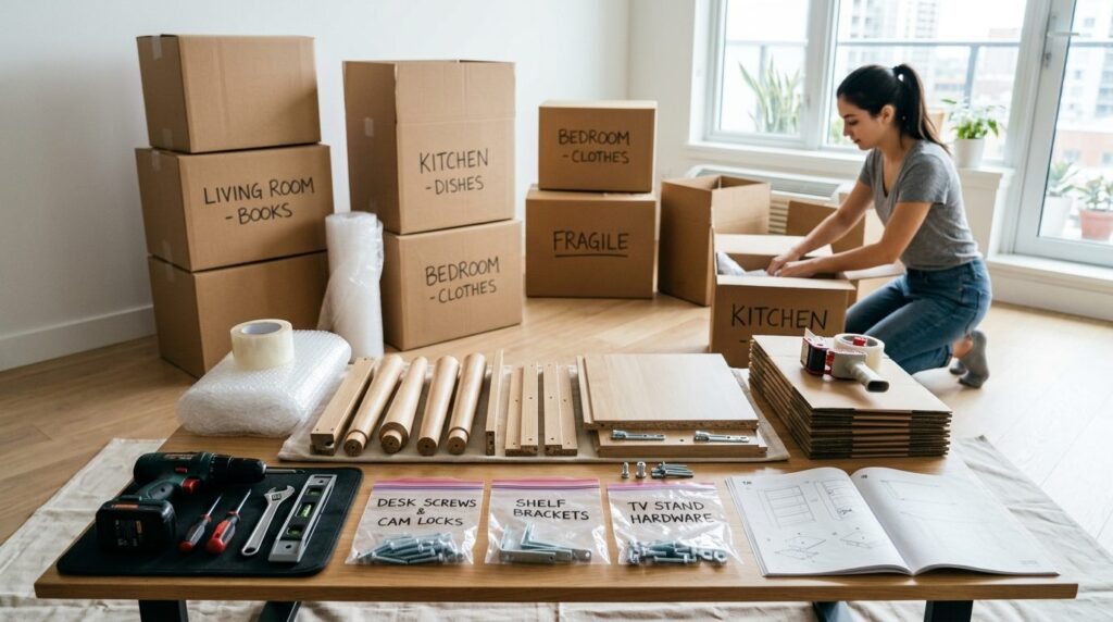 Organized moving scene with disassembled furniture parts, ha