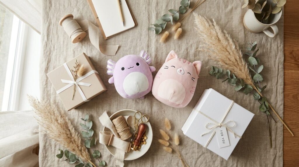 Flat lay overhead shot of luxury gift wrapping scene featuri
