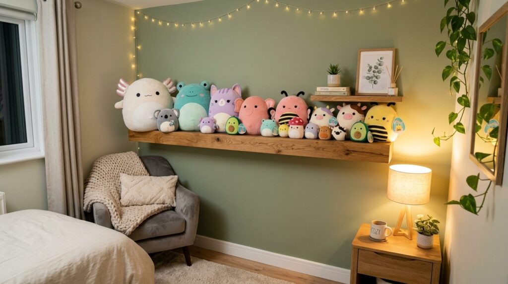 Modern cozy bedroom corner with a Squishmallow collection di