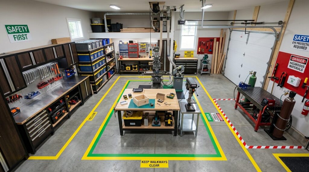 Overhead aerial view of organized home workshop with color-c