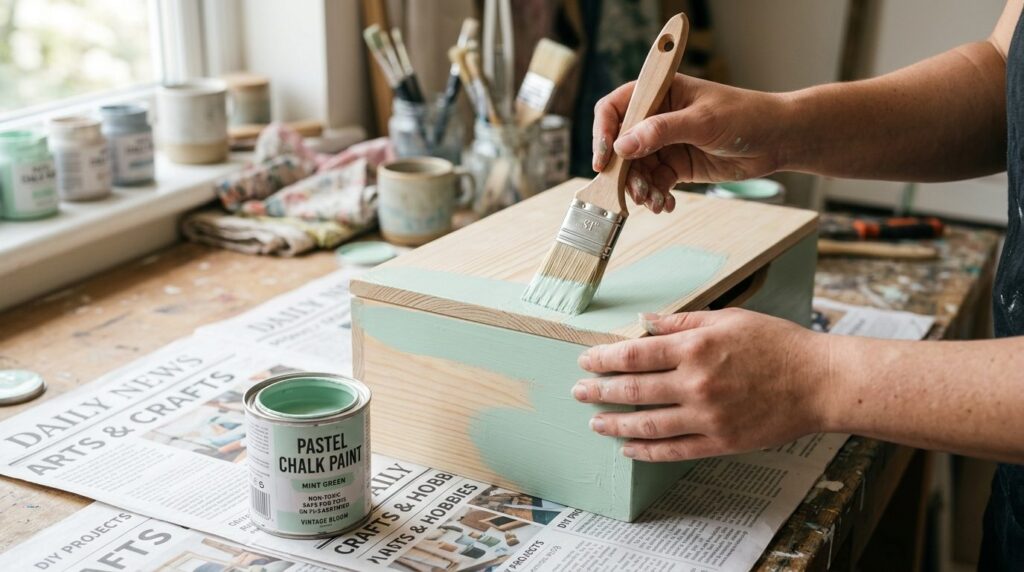 Close-up stockfoto of hands holding a paintbrush applying cr