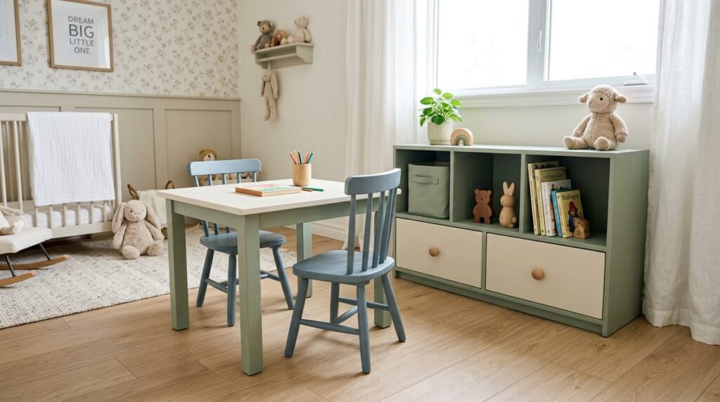 Wide-angle stockfoto of a completed childrens furniture set