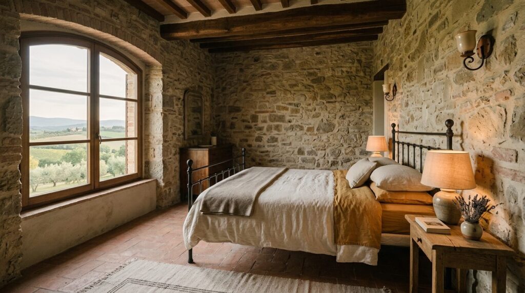 Minimalist interior of a Tuscan villa bedroom in San Gimigna